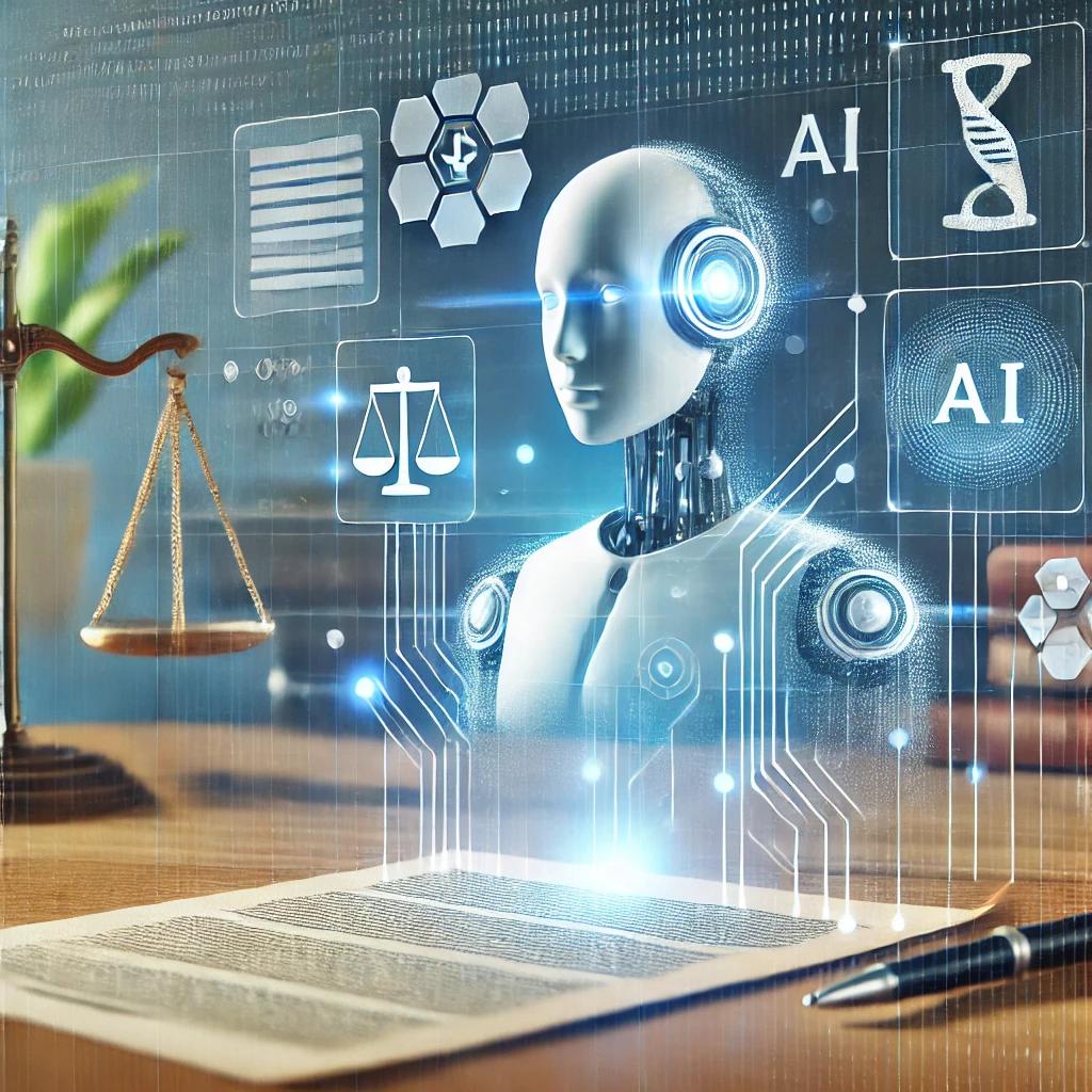 Futuristic illustration of an AI hologram analyzing a legal document with highlighted sections, set against a gradient blue and white background. The image includes subtle icons of a magnifying glass, scales of justice, and a contract, symbolizing technology-driven legal analysis